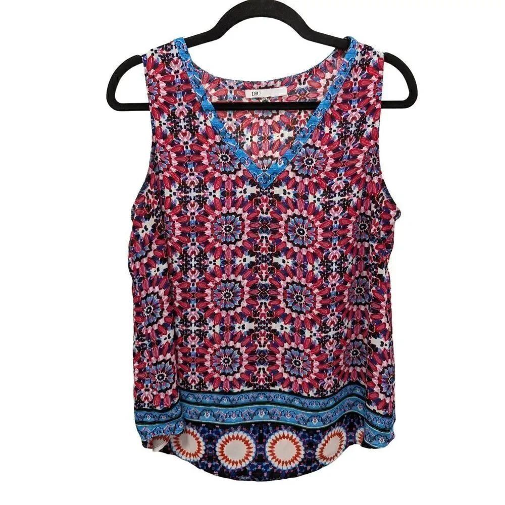 DR2 Sleeveless Top Blouse Red Blue V-Neck Lightweight Women's Size Small